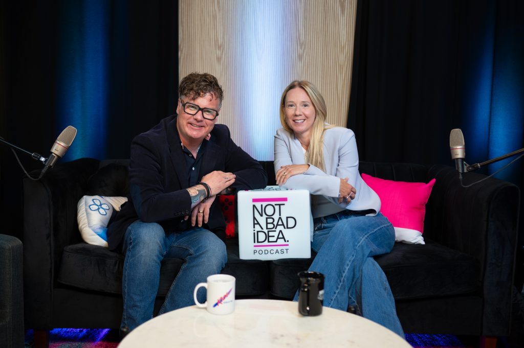 Pat Suriano and Kara Judge on set of Not a Bad Idea Podcast.